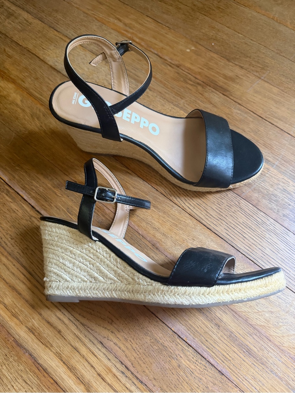 Gioseppo Black Leather Espadrille Wedge Sandals